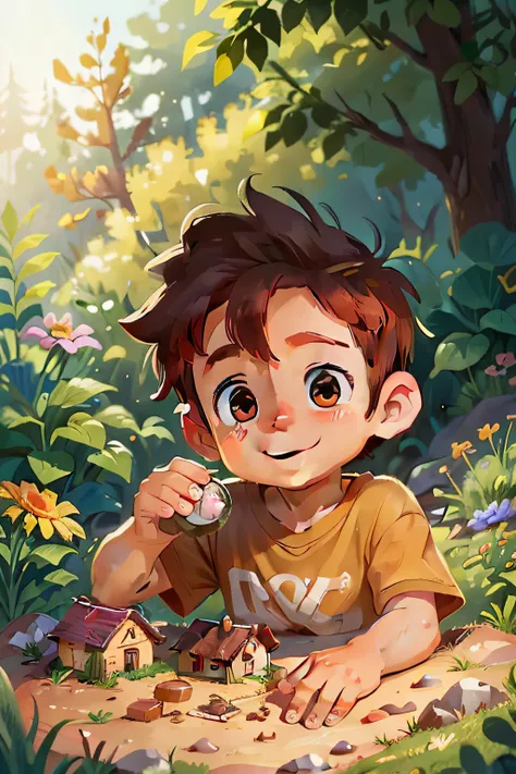 JOHN, a poor boy, 8 years old, cute, brown hair, perfect look, brown eyes, perfect face, kind look, kind smile, playing in the garden near his humble cabin on the hill, with a hole in his shirt, happy, holding a shinning gold coin in his hands