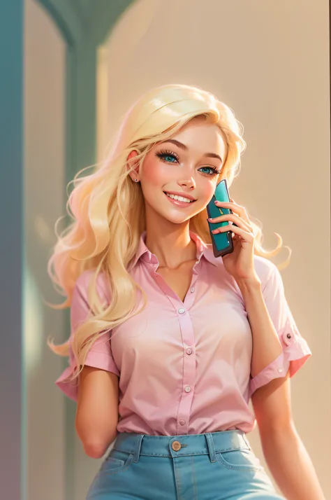 digital illustration, a happy girl with light blonde hair, talking on the cell phone, pink shirt, dark, lit blue eyes, smiling, open framing, full body. Barbie style, clothing details. angelic beauty, neutral background with nothing.