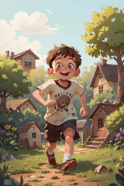 john, a poor boy, 8 years old, cute, brown hair, perfect look, brown eyes, perfect face, kind look, kind smile, playing in the garden near his poor house on the hill, with a hole in his shirt, running to home feeling happy