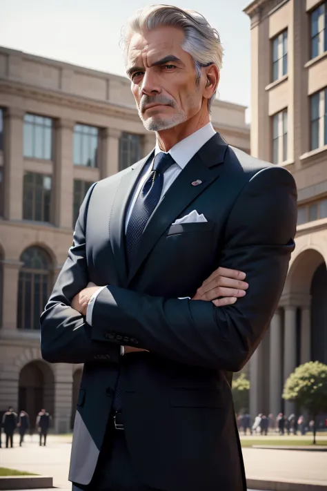 150 american men and women in suits over 45 years old, arms crossed in front of a college in the background, ultra realistic