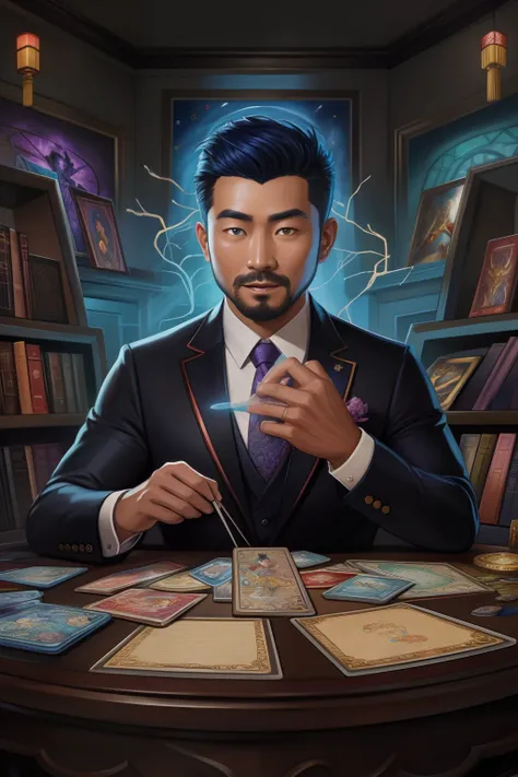 （best qulity，The Masterpiece），（Ultra-detailed colors），A detailed painting depicting A handsome 35-year-old Chinese mature man in a suit surrounded by a flurry of glowing Magic The Gathering cards and the book Dungeons and Dragons in the center.