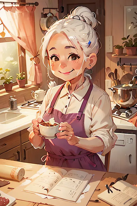 a kind grandmother, with a sweet look, a smile on her face, white hair tied in a bun, in the kitchen of her humble home