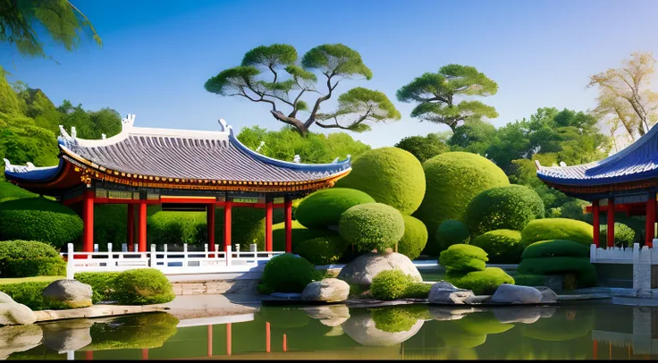 Realisticstyle， Game architectural design，（Light yellow round roof，a plant，pavilion，flowingwater， rockery, Chinese Garden），（CLASSICSTYLE），Sui and Tang dynasties，（white backgrounid），Realistic photos， best detail， tmasterpiece， best qualtiy， 8K