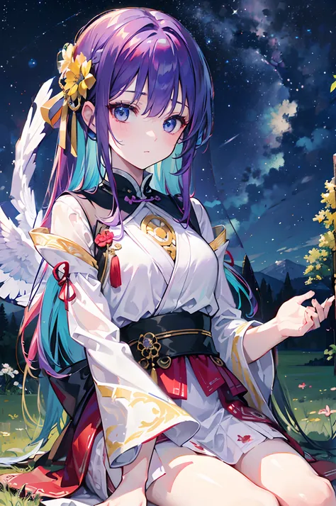 "(((masterpiece)))) best quality, ultra-detailed CG unity 8k wallpaper, beautiful and delicate composition, dynamic angle and pose, one girl with blue eyes and (silver hair:1.3+red hair:1.2+purple hair+yellow hair:1.3+green hair:1.3), wearing white wuxia c...