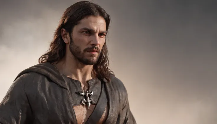 (Professional 3D rendering:1.3) de (Realistic:1.3) Foto de arte mais bonita do mundo，Apresenta Jesus Cristo corpo inteiro, suaves e brilhantes, ((Epic hero fantasy rough muscular man wet hero angry look long hair short beard and fierce expression in dynami...