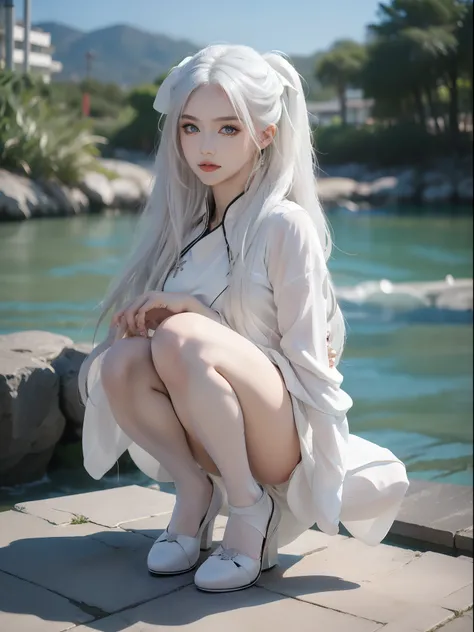 A high resolution, 1womanl, long  white hair, Black eyes, City heels, Squat，beachside，white dresses