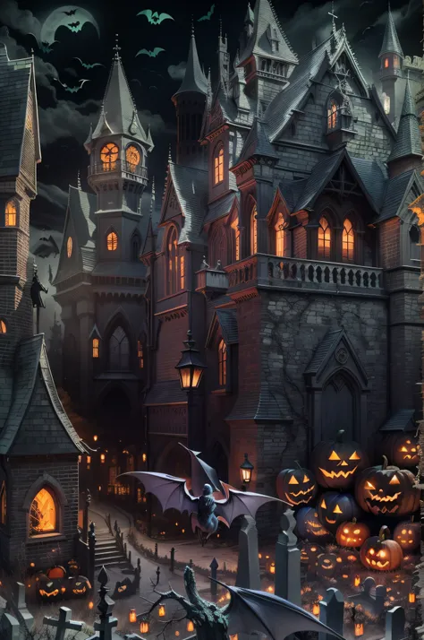 Close-up of the castle and bat Halloween scene, Bats flying away from the castle, Halloween Scene, Haunted house themed, Bats flying over tombstones, Ghost background, halloween night, halloween theme, Halloween atmosphere, Spooky Halloween Night, Gothic c...