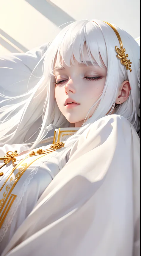 best quality, white hair, gold eyes, white clothes, looking up, hair strand, Fair skin, sleeping