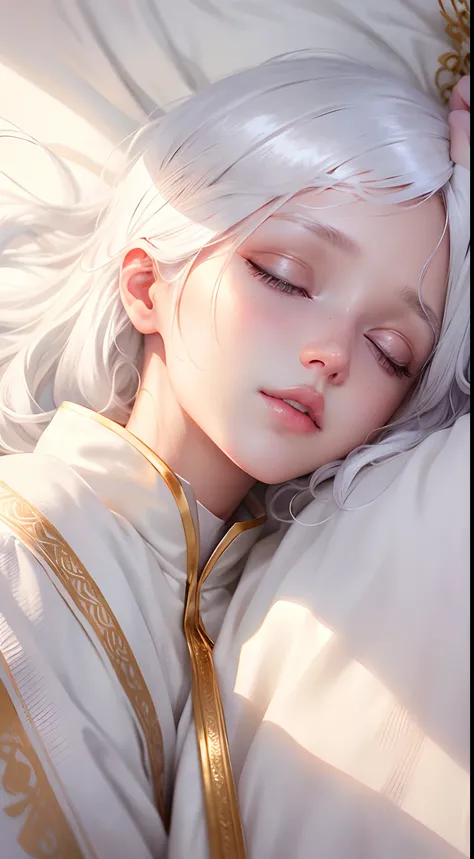 best quality, white hair, gold eyes, white clothes, looking up, hair strand, Fair skin, sleeping