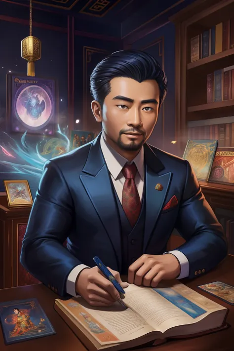 （best qulity，The Masterpiece），（Ultra-detailed colors），A detailed painting depicting A handsome 35-year-old Chinese mature man in a suit surrounded by a flurry of glowing Magic The Gathering cards and the book Dungeons and Dragons in the center.