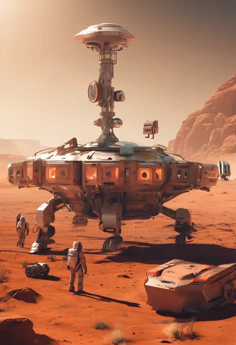 First colony on Mars with residents inside watching a robot on an expedition in search of water on Mars, From inside the spaces they watch through screens as the robot digs.