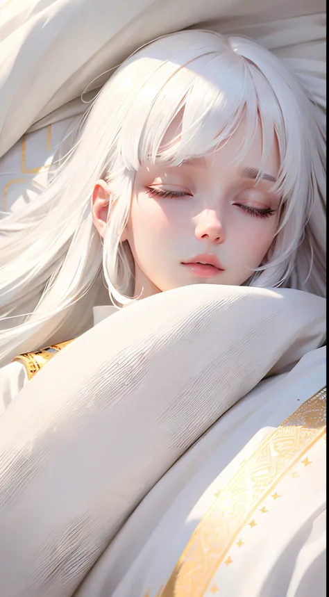 best quality, white hair, gold eyes, white clothes, looking up, hair strand, Fair skin, sleeping