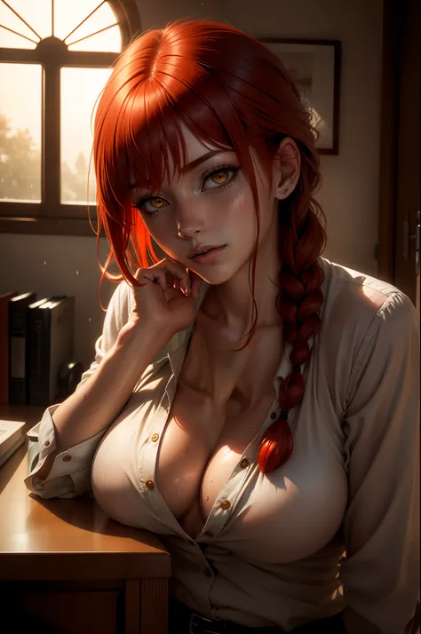 Makima from chainsaw man, there is a desk in a room with a window and a lamp, Makima is sitting at the desk, red hair, glistening yellow eyes, detailed face, soft lips, soft skin, extremely detailed face, perfect quality, wet skin and hair, medium soft bre...