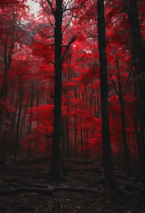 a dark shadow seen passing quickly in a blur, its a bit muddy, surrounded by tall trees with red leaves. The forest is dimly lit, criando um contraste entre as cores vermelha e preta. The image evokes a sense of mystery and danger.