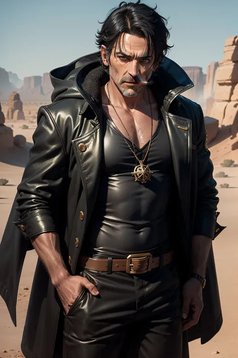 middle-aged man, short black shiny hair, black coat with white furr, green scarf, One Piece, pirate, horizontal scar on face, smoking, gold, desert in the background