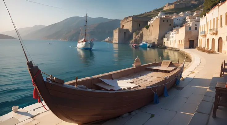 Ancient Phoenician boat, Port of Ancient Greece, port on the Greek sea in the first century, greek sea navigation boat, Phoenician transport boat, Ancient Phoenician boat with two sails in white and red colors, retrato de um porto na antiguidade