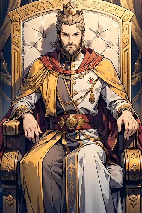 King, Kings uniform, royal cloak, royal clothing, white grey gold clothing, adult, 45 years old, brown eyes detailed eyes, dark blond grey hair, very short hair, tall, beard, masculine pose, golden crown, rings, masterpiece, royal background, throne room, ...