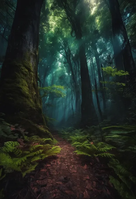 painting of a path in a forest with a path leading through it, dark forest, fairytale forest, magical fantasy forest, fantasy forest, dark forest, black forest, dark colors and atmosphere, magic forest, forest ray shadow light, marc adamus, really beautifu...