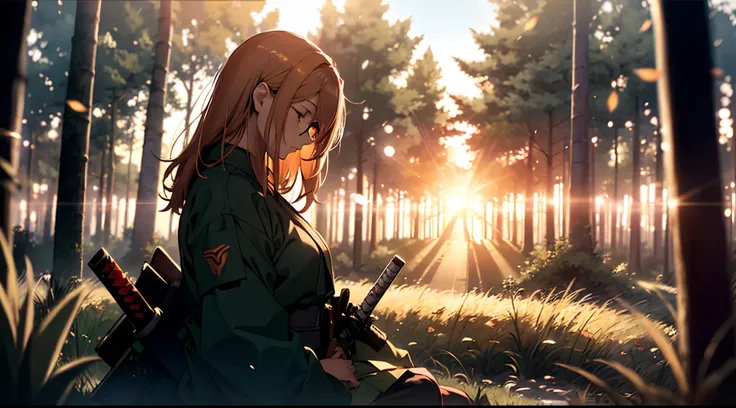 a woman in samurai uniform is sitting in a grassy forest when the sun is touching the horizon, she is looking at the ground and weeping in sadness with a katana by her side, We can see her side face, She is looking down at the ground, (((fully covered in u...