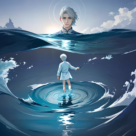 The figure on the surface of the sea looks down, the reflection ripples, and the white-haired boy stands on the surface of the water with a sideways face。