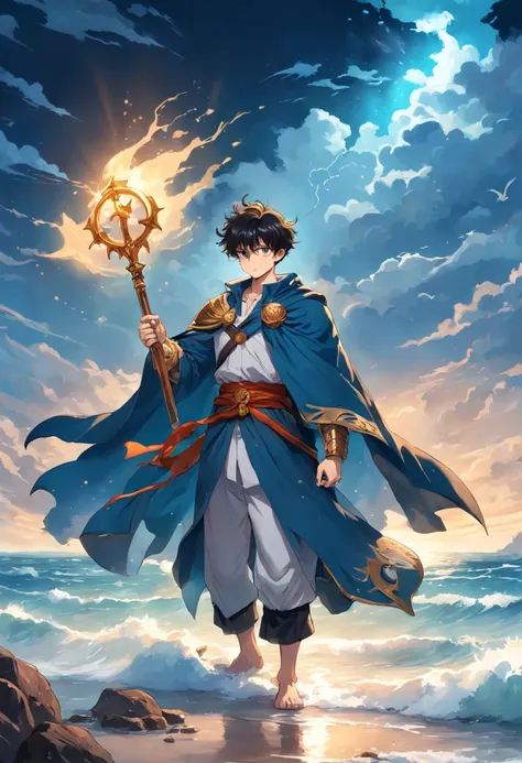 Marine style,Rocky beach with crashing waves,Cloud-filled blue sky,Golden sea at sunset,The boy stood up bravely,Holding a mysterious magic weapon that emits light,Wear a handsome cloak and mysterious talisman,Carrying a splendid legend,Closely connected t...