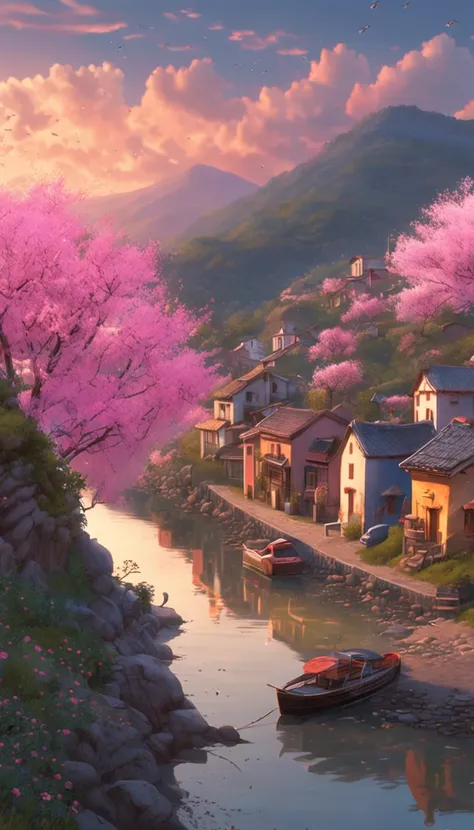 Spring evening, a painting of a village on a hill at night with pink trees on the shore, by Makoto Shinkai and Hayao Miyazaki, by Evgeny Lushpin, popular on cgostic, soft light, fairytale, dreamland, serenity, HD pictures --ar 2:3 --v 4, Hasselblad, 35mm, ...