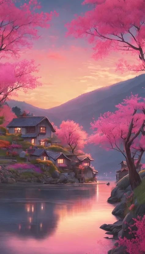 Spring evening, a painting of a village on a hill at night with pink trees on the shore, by Makoto Shinkai and Hayao Miyazaki, by Evgeny Lushpin, popular on cgostic, soft light, fairytale, dreamland, serenity, HD pictures --ar 2:3 --v 4, Hasselblad, 35mm, ...