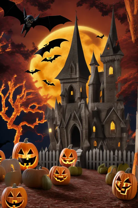 Close-up of the castle and bat Halloween scene, Bats flying away from the castle, Halloween Scene, Haunted house themed, Bats flying over tombstones, Ghost background, halloween night, halloween theme, Halloween atmosphere, Spooky Halloween Night, Gothic c...