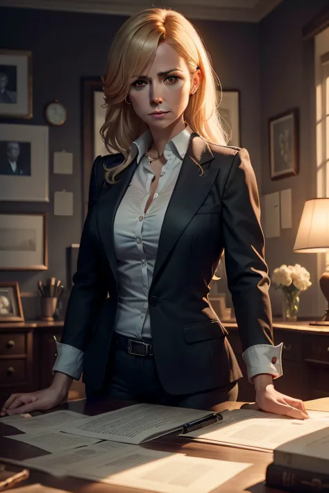 Detective Sarah Mitchell, immersed in a investigation of a tycoons murder in a gloomy office. She finds clues that lead to a dark and dangerous past. on the table a torn photograph and a strange object. Sarah dives into the investigation.