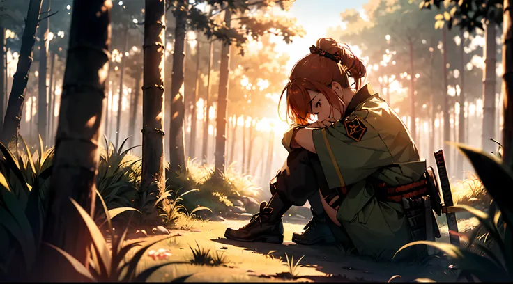 a woman in samurai uniform is sitting in a grassy forest when the sun is touching the horizon, she is looking at the ground and weeping in sadness with a katana by her side, We can see her side face, She is looking down at the ground, (((fully covered in u...