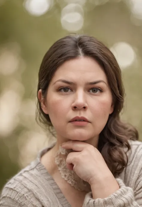 a close up of a 35 year old obese woman, fat face, in a sweater, nerdy, dramatic, embarrassed woman, with embarrassing facial expressions, with body shame, yellow background.