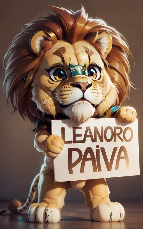 a lion, chibi style, holding a sign, high quality, 8k