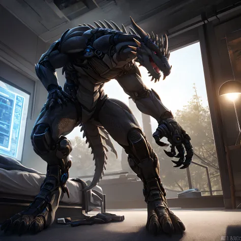 An advanced bionic mech, cybrog, anthro, dragon, female, full body, Delicate face, Delicate eyes, 1 tail, (glowing LED), energy, digitigrade,Inside sat on the bed in the apartment, extremely detailed CG unity 8k wallpaper, realistic, masterpiece, highest q...