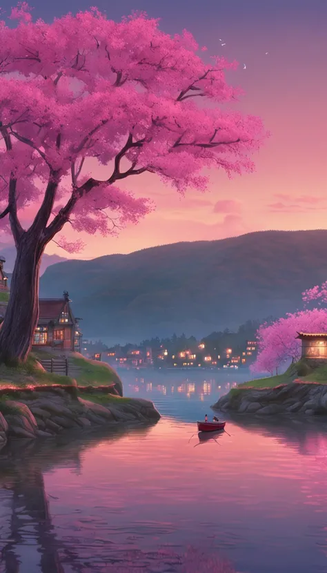 Spring evening, a painting of a village on a hill at night with pink trees on the shore, by Makoto Shinkai and Hayao Miyazaki, by Evgeny Lushpin, popular on cgostic, soft light, fairytale, dreamland, serenity, HD pictures --ar 2:3 --v 4, Hasselblad, 35mm, ...