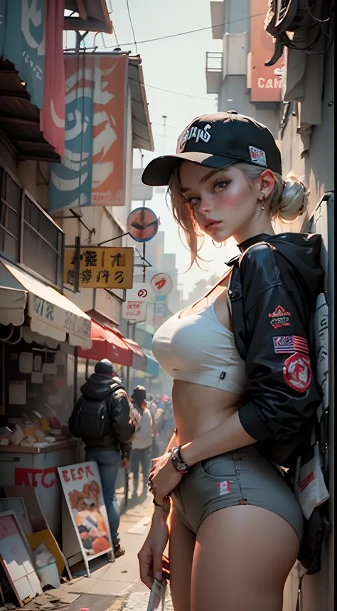 tmasterpiece，melhor qualidade，Papel de parede 8k，The is very detailed，illustratio，（Corpos perfeitos：1.1）, 1个Giant Breast Girl, cavalinha dupla，baseball cap，Roupas curtas inspiradas no cyberpunk, Face lateral, sneer