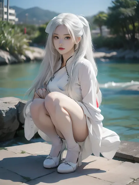 A high resolution, 1womanl, long  white hair, Black eyes, City heels, Squat，beachside，white dresses