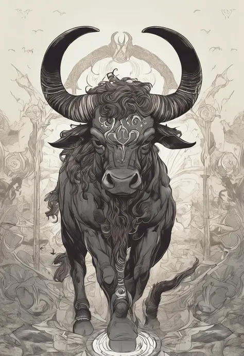 Minotauro estilo anime: Um majestoso Minotauro, with an imposing bulls head, bulls face, adorned with deep spiral horns;, olhos expressivos. atletic, nenhuma armadura impressionante com detalhes intrincados. The bulls skin is dark brown and covered with a ...