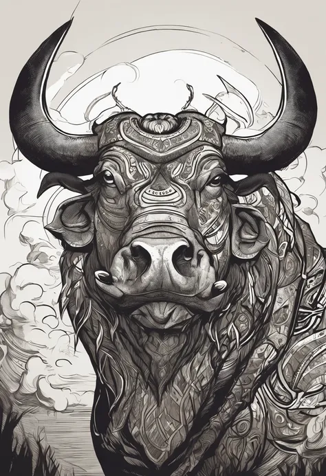 Minotauro estilo anime: Um majestoso Minotauro, with an imposing bulls head, bulls face, adorned with deep spiral horns;, olhos expressivos. atletic, nenhuma armadura impressionante com detalhes intrincados. The bulls skin is dark brown and covered with a ...