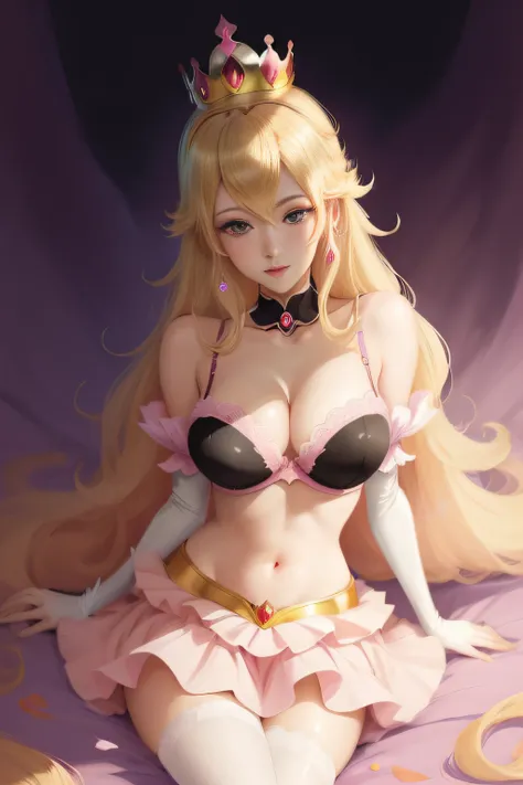 princess peach, sexy, classy, miniskirt, black background, pink top, cleavage, crown, laced bra, blonde, blue eyes, alluring, seductive, medium shot, (2d cute anime:1.3), Vixip, pastel background, design by Yusuke Kozaki, oil by Gregory Manchess; stunningl...