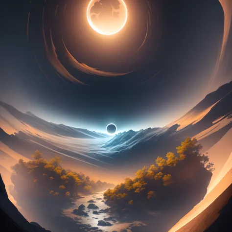 Landscape, night, solar eclipse, disappearance, special aura, detailed, chaotic drawing style, ultra hd, realistic, vivid colors, highly detailed, UHD drawing, pen and ink, perfect composition, beautiful detailed intricate insanely detailed octane render t...