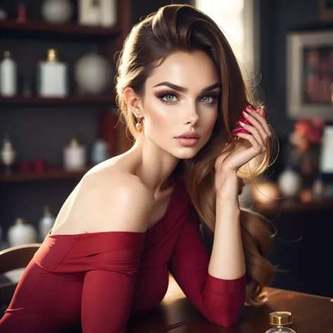 Por favor, crie uma imagem de uma modelo europea segurando 2 perfumes perto do seu rosto, com unhas grandes pintadas de vermelho, Cabelo preto longo ondulado, rosto fino, pele de cor branca, sitting in front of him a table with other perfumes on a red clot...