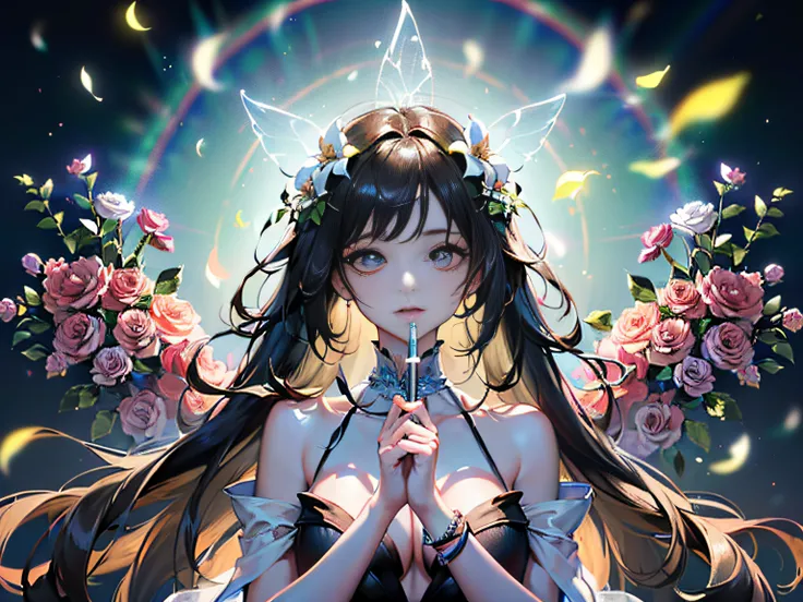 ((tmasterpiece)，((Best picture quality)，8K，high detal，super detailing，A beautiful and magical flower fairy，Delicate facial features，She held a magic wand in her hand，Mana is being cast，It emits a soft and brilliant glow，Symbolizes her love of magic and abi...