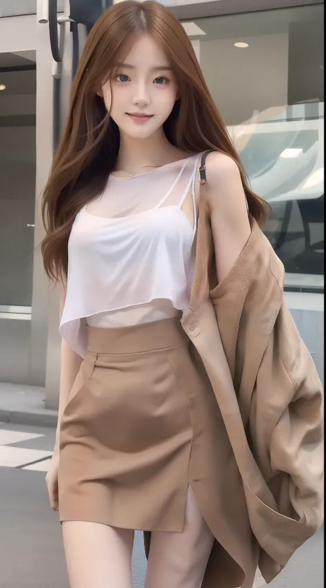 top-quality、超A high resolution、(Photorealsitic:1.4)、Beautuful Women、韓国アイドル、21yo、long whitr hair、Light brown hair、Clean wavy hairstyle、small tits、Very small breasts、Realistic eyes, Elongated narrow eyes、Beautiful eyes、A smile、croptop、vests、Wear a transparen...