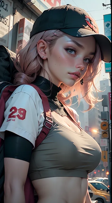 tmasterpiece，melhor qualidade，Papel de parede 8k，The is very detailed，illustratio，（Corpos perfeitos：1.1）, 1个Giant Breast Girl, cavalinha dupla，baseball cap，Roupas curtas inspiradas no cyberpunk, Face lateral, sneer