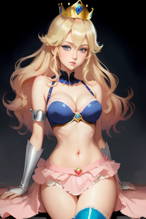 blue eyes, princess peach, blue eyes, sexy, classy, black background, pink top, cleavage, crown, laced bra, blonde, alluring, seductive, (2d cute anime:1.3), Vixip, pastel background, design by Yusuke Kozaki, oil by Gregory Manchess; stunningly alluring, t...