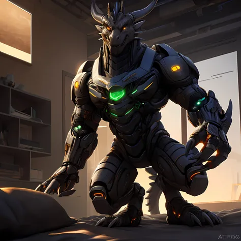 An advanced bionic mech, cybrog, anthro, dragon, male, full body, Delicate face, Delicate eyes, 1 tail, (glowing LED), energy, digitigrade,Inside sat on the bed in the apartment, extremely detailed CG unity 8k wallpaper, realistic, masterpiece, highest qua...