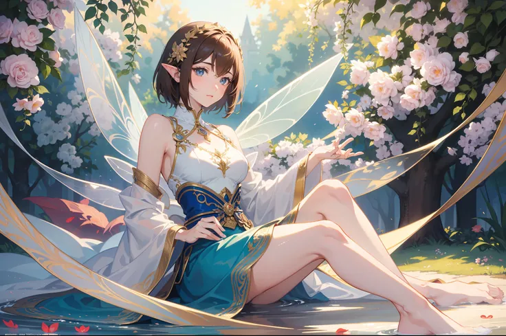 Official Art, Masterpiece European female face,elvish, short hair, lightbrown hair , brown eyes , jugendstil , (​masterpiece、top-quality、hight resolution: 1.4),in 8K, Drawing of a woman with short lightbrown hair, Anime Art Nouveau, highly detailed exquisi...