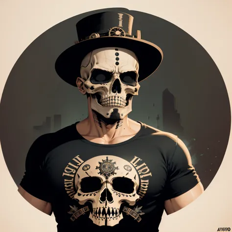 Calavera Steampunk, imagen vectorial, T-shirt design, aislado, fondo negro, illustration limited to 4 colors, fondo negro