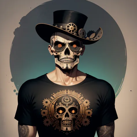 Calavera Steampunk, imagen vectorial, T-shirt design, aislado, fondo negro, illustration limited to 4 colors, fondo negro