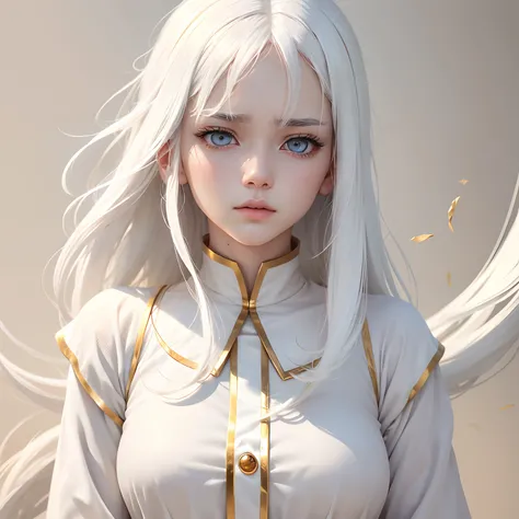 best quality, white hair, gold eyes, white clothes, looking up, upper body, hair strand, Fair skin, Troubled face